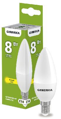 Лампа светодиодная C35 свеча 8Вт 230В 3000К E14 GENERICA 