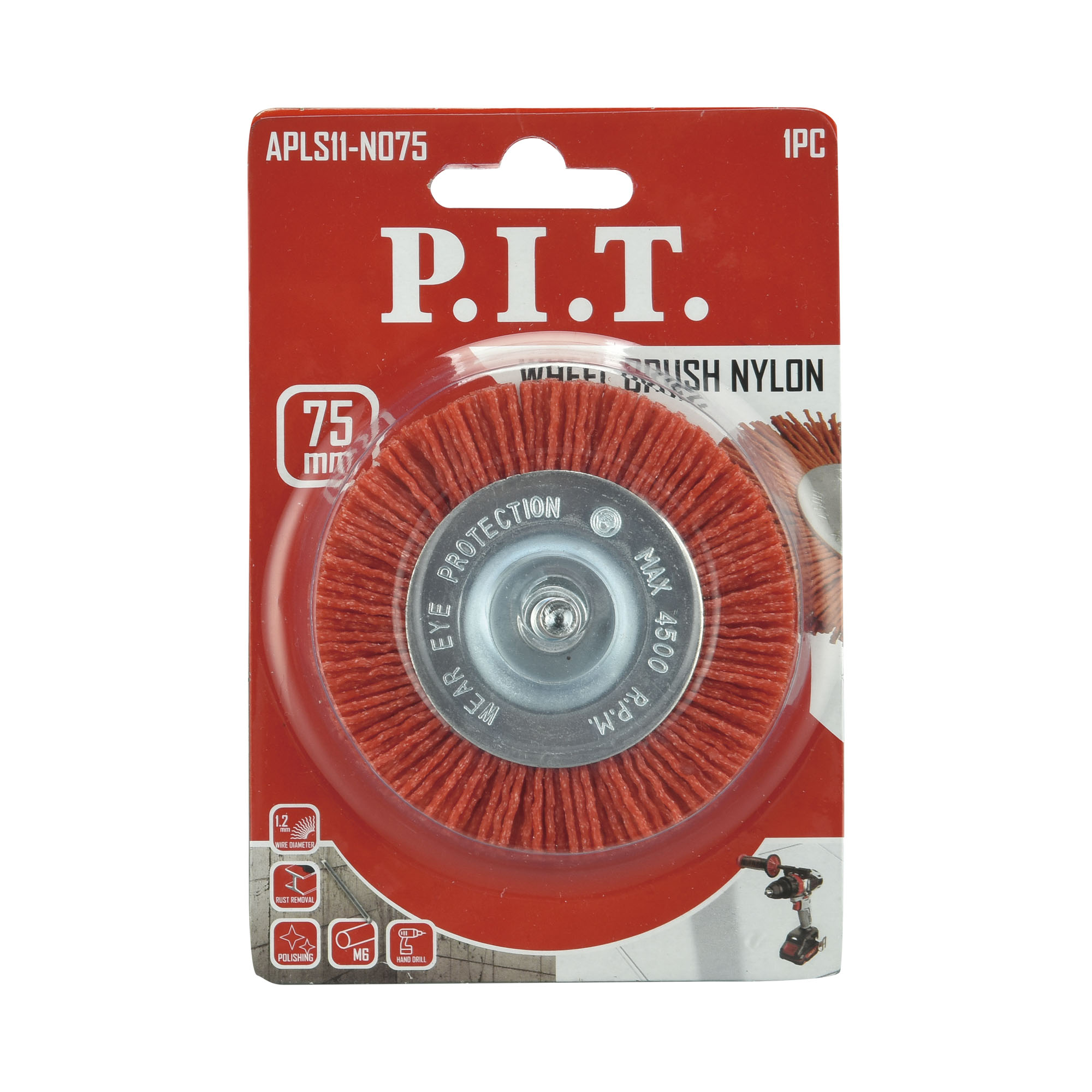 Кордщетка дисковая P.I.T. 75x1,2мм, нейлоновая проволока, хвостовик 6 мм (APLS11-N075)