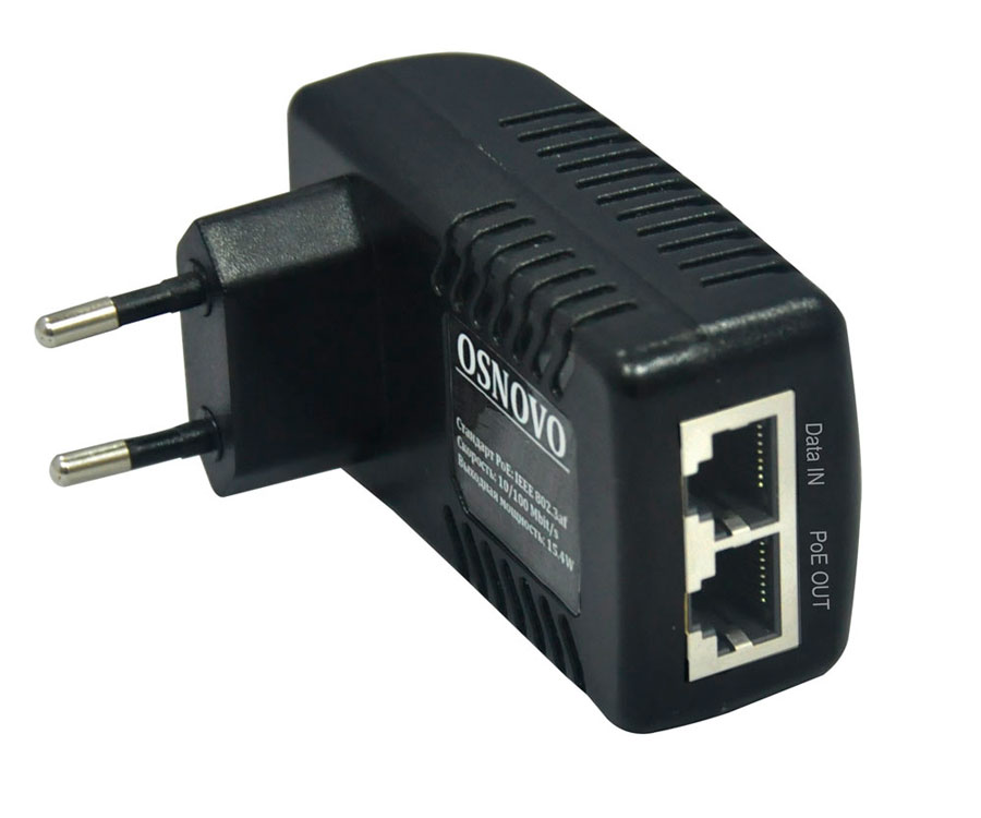Инжектор PoE 1хRJ45 10/100 Мб/с, 802.3af, до 15.4 Вт, AC 220В, DC 48В 